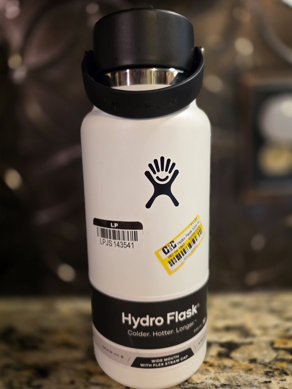 Hydro Flask White Stainless Steel Water Bottle with Black Lid
